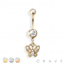 BUTTERFLY DANGLE CZ DANGLE 316L SURGICAL STEEL NAVEL RING